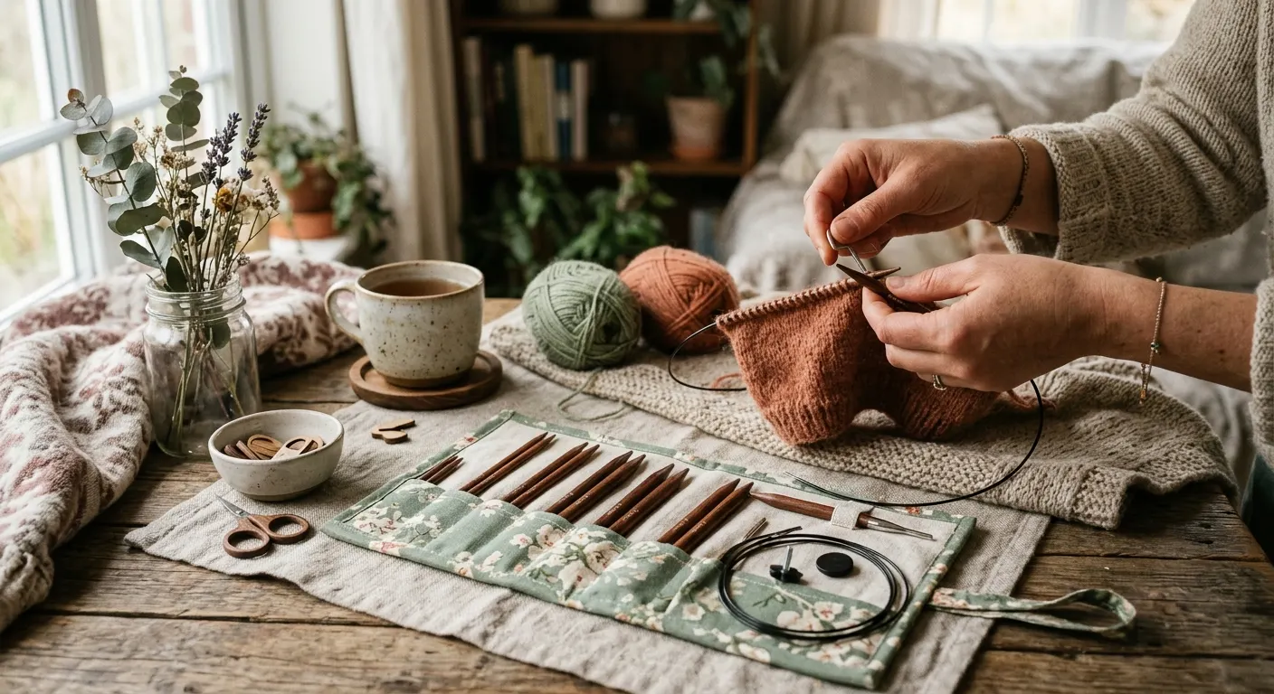 Interchangeable circular needle tips and memory-free cables arranged on a warm linen cloth beside a knitting project, soft window light