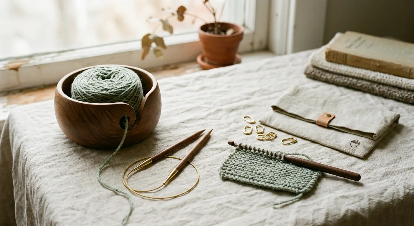 A wooden yarn bowl holding sage-green wool beside interchangeable circular knitting needles, a wooden crochet hook on a knit swatch, brass stitch markers, and a linen project bag in soft window light